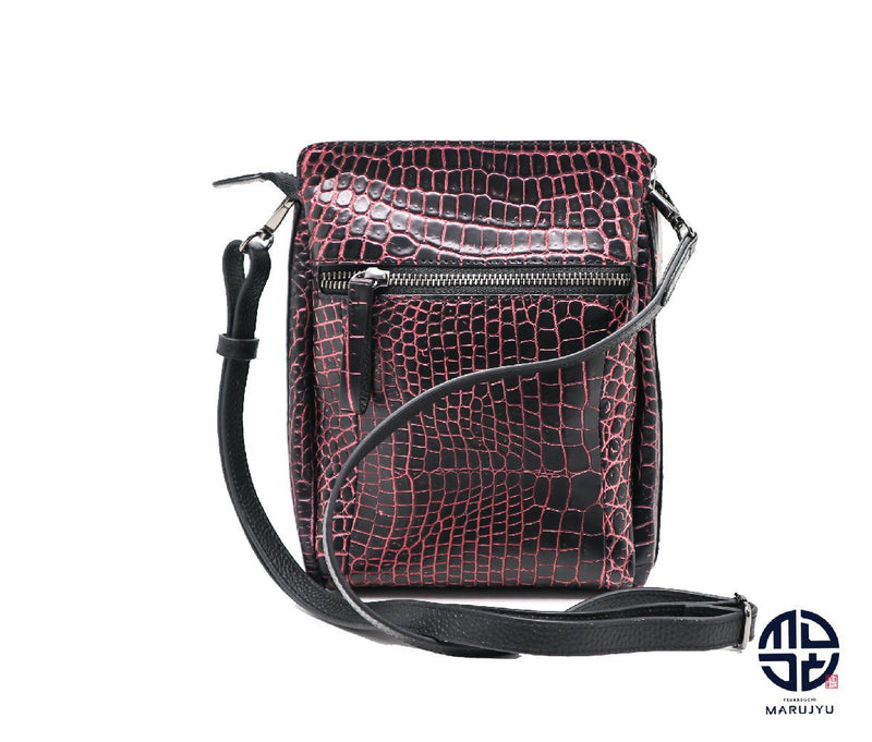 Sanpo Crocodile Alligator Leather Mini Shoulder Bag 2-way Handbag Black Pink