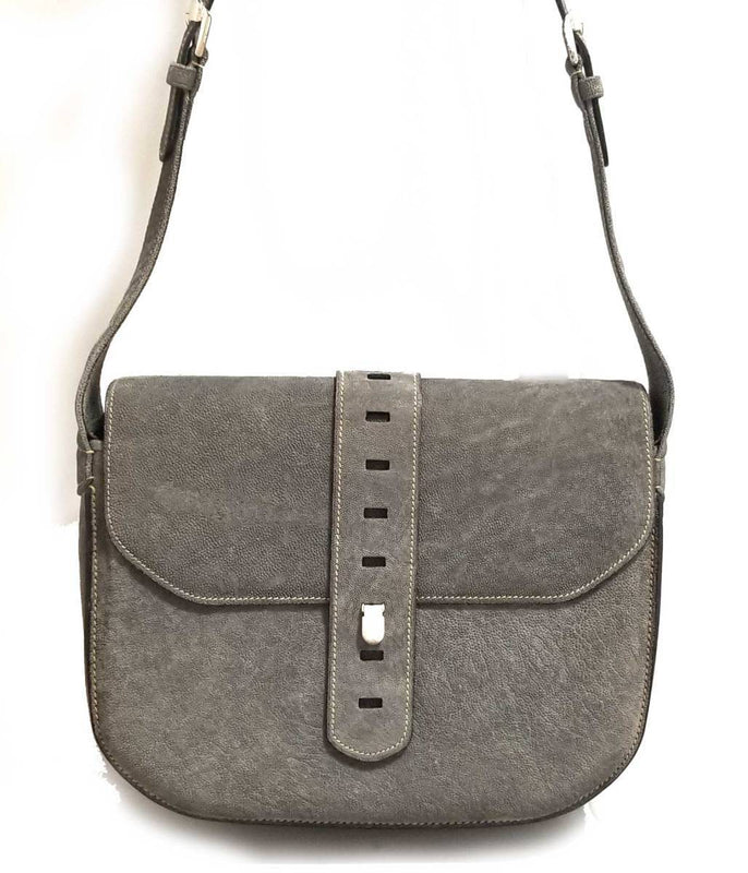 Valextra Womens Shoulder Bag Gray Elephant Leather Handbag Authentic Designer