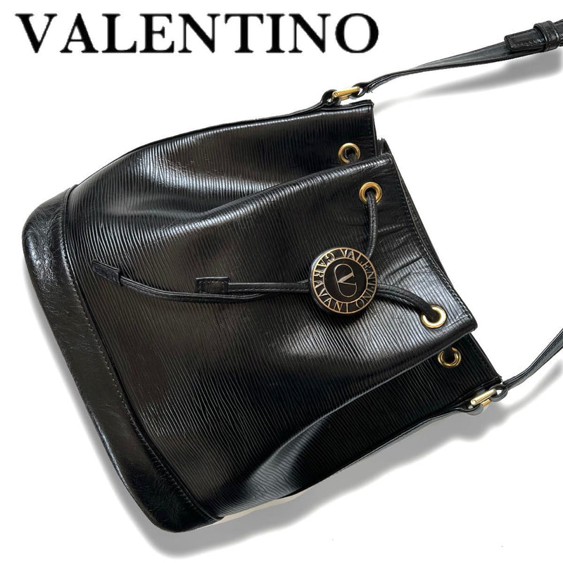Valentino Epi Leather Drawstring Shoulder Bag Black One Shoulder Black Hardware