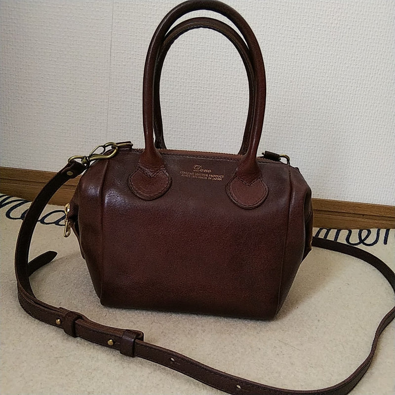 Dono Mini Leather 2-way Boston Bag Chocolate Brown. Handbag Shoulder Bag.