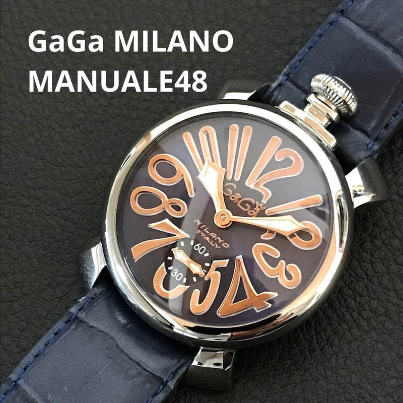Gaga Milano Manuale 48 5010 Watch Navy Blue Leather Band Swiss Made Mechanical