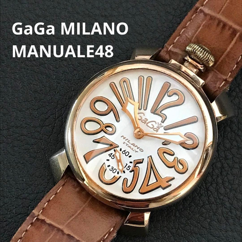 Gaga Milano Manuale 48 Pink Gold Finish Leather Band Mens Watch