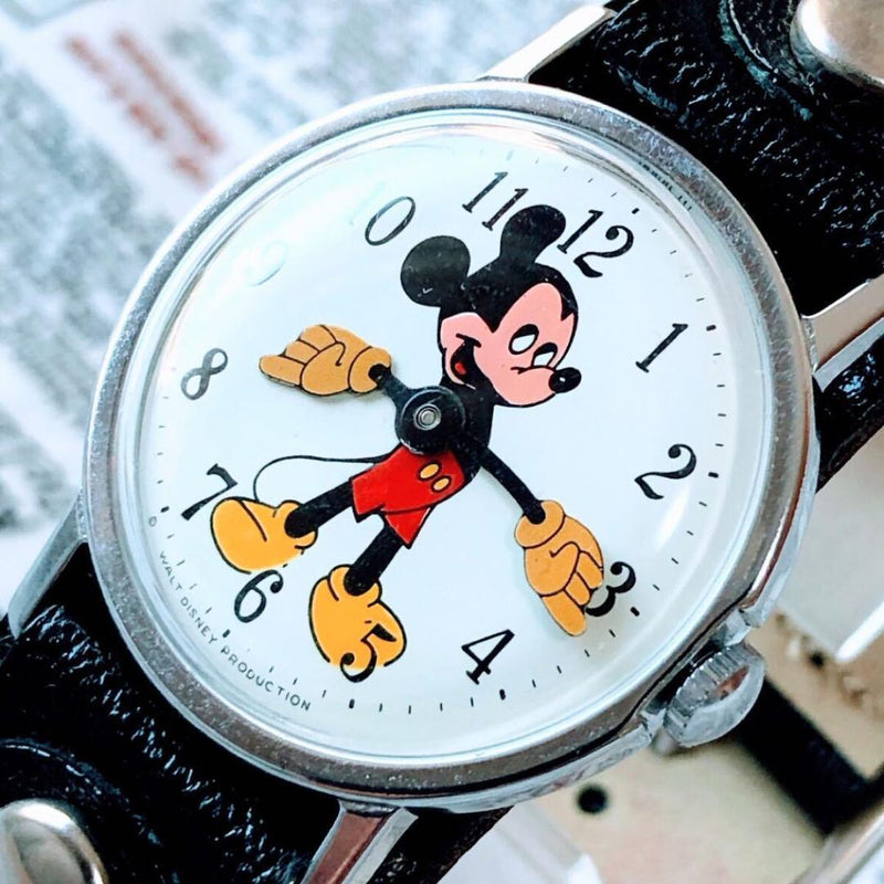3700 Mickey Mouse Wind-up Watch Antique Collectible Working With Box Cute
