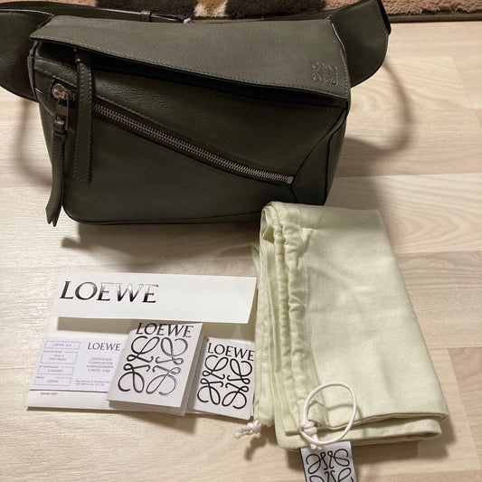 LOEWE Puzzle Small Leather Shoulder Bag Olive Green Khaki Zipper Pocket