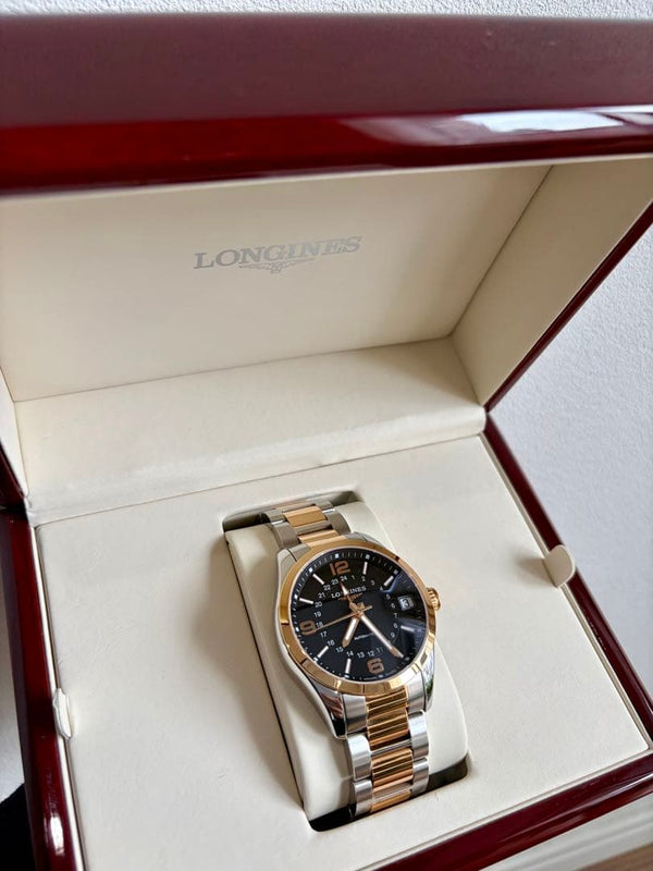 Longines Conquest Gmt Two-tone Rose Gold Black Dial Watch Automatic Mens