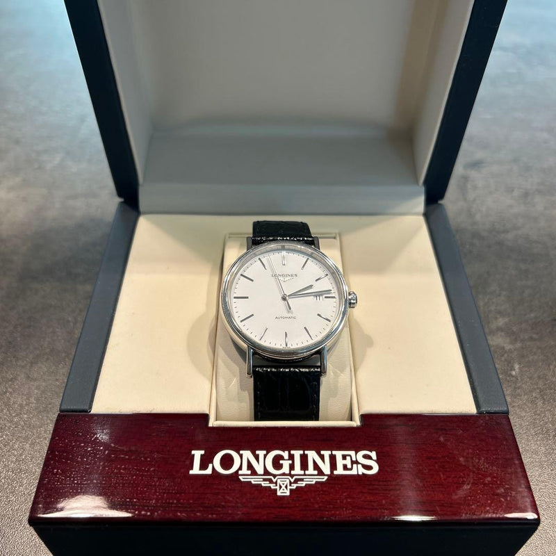 Longines Présence Automatic Watch White Dial Leather Strap Mens Elegant