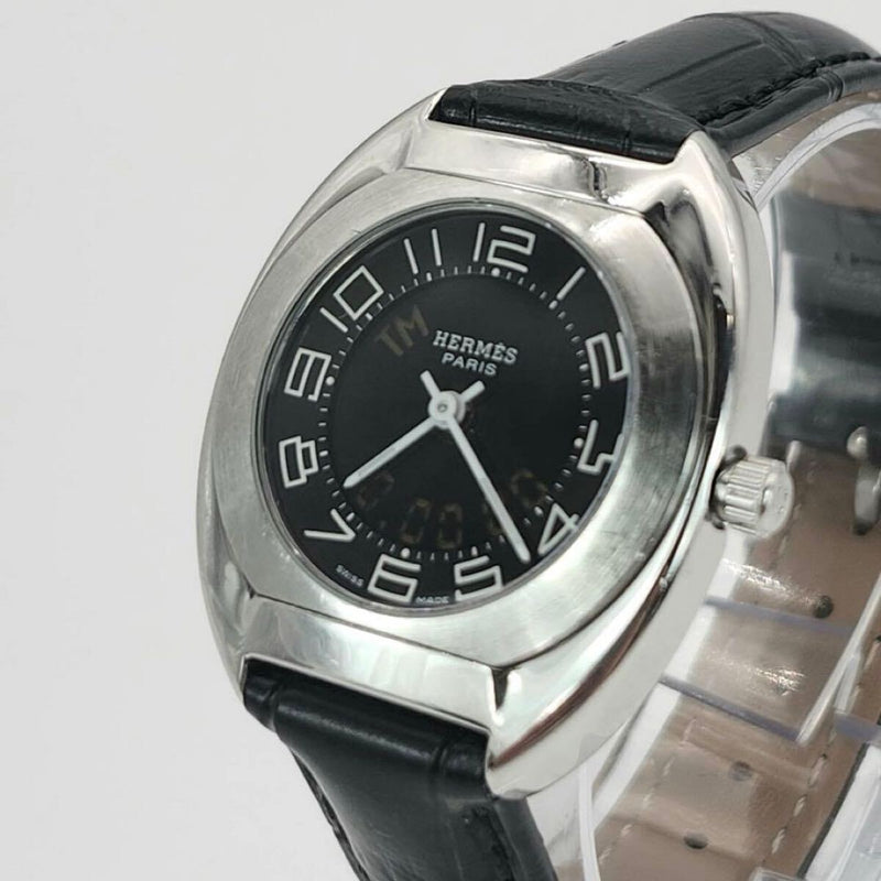 Hermes Espace Boys Watch Quartz Silver Digital-analog Black Dial Leather Band