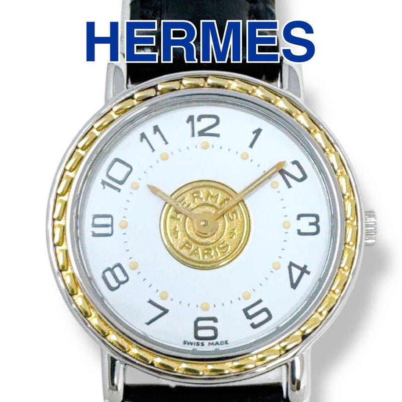 Hermes Serie Womens Watch Gold Leather Band White Dial Quartz Movement Pre-owned