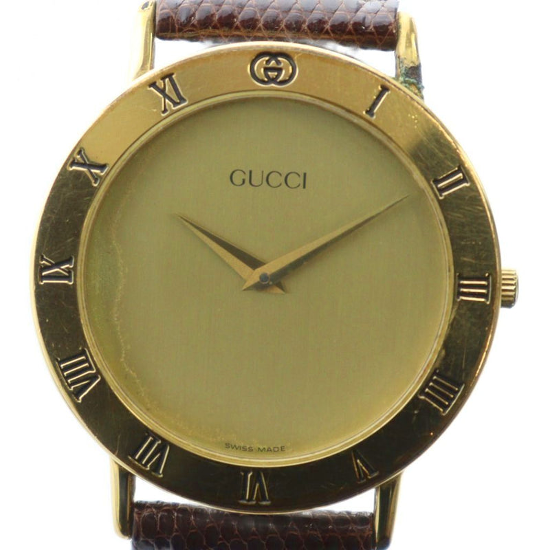 Gucci 3000.2.m Watch Quartz Roman Numeral Dial Gold Tone Leather Strap Mens