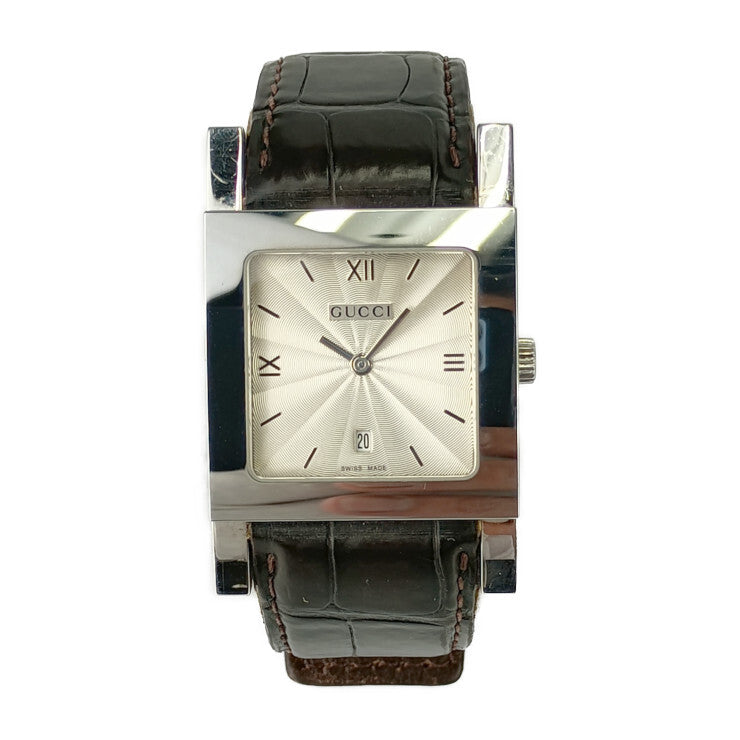 Gucci 7900m.1 Mens Watch Date Quartz Silver Dial Stainless Steel Case Crocodile
