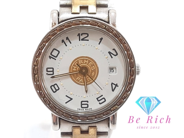 Hermes Serie Womens Watch Bt3323 Date Round White Dial Silver Gold Stainless
