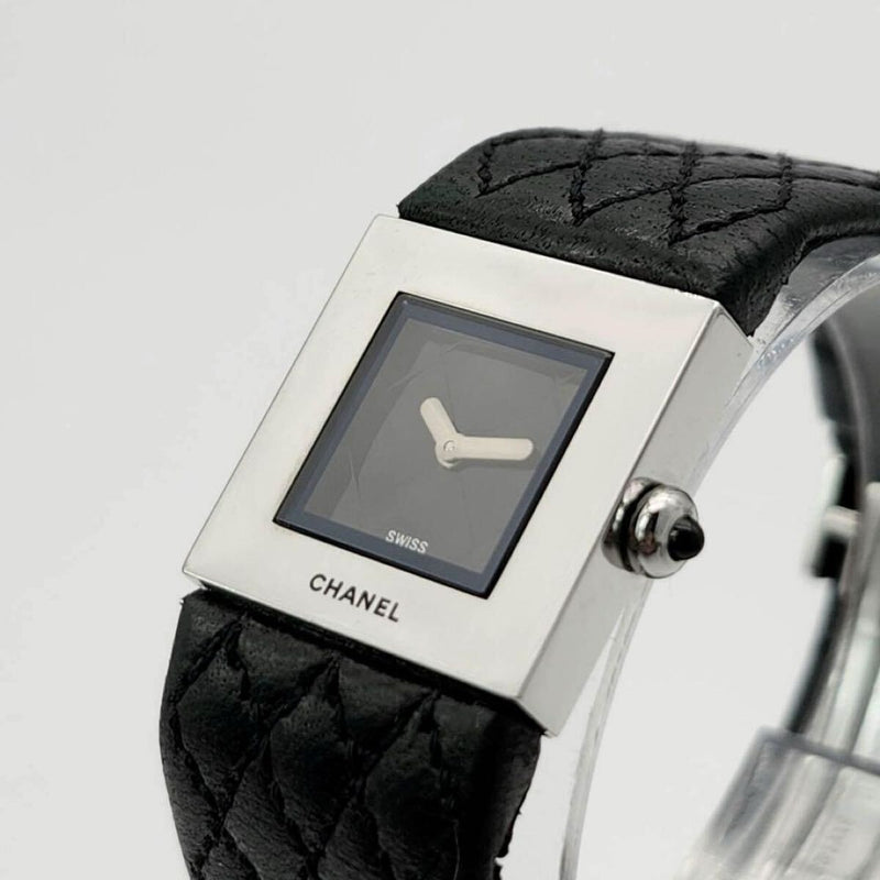 Chanel Matelassé Ladies Watch Black Quilted Design Leather Strap Quartz Square
