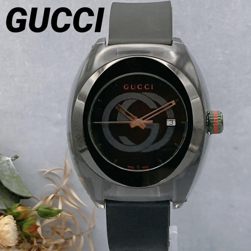 Gucci Sync Watch Sherry Line Black Rubber Strap Mens Battery Operated Used Item