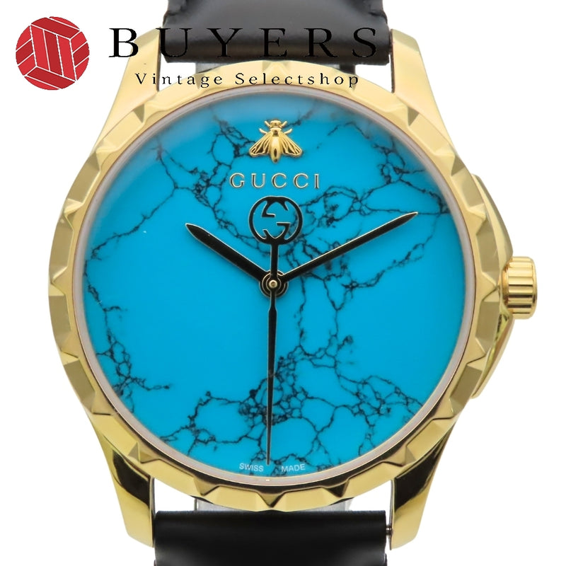 Gucci Bee 126.4 Watch Stainless Steel Leather Band Gold Black Dial Turquoise