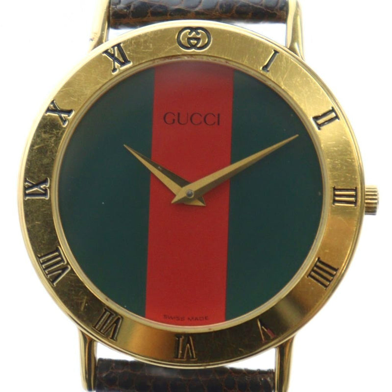 Gucci 3000.2m Quartz Watch Sherry Line Interlocking Gold Leather Belt Mens