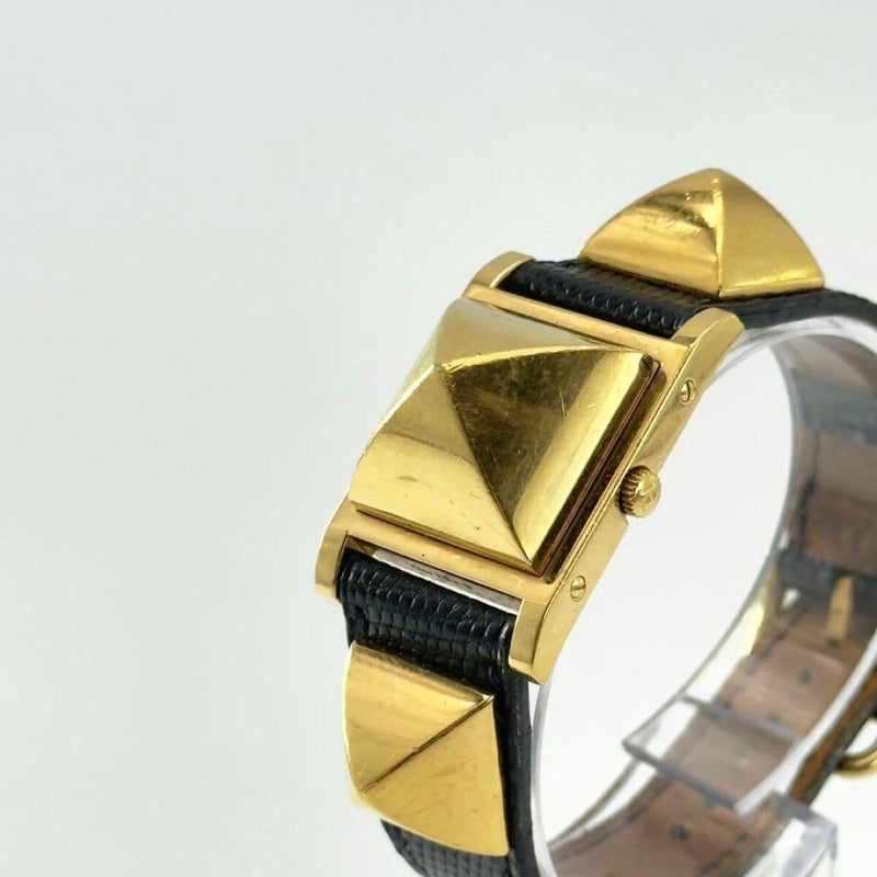 Hermes Medor Womens Watch Black Leather Band Studded Quartz Two-hand Gold Tone