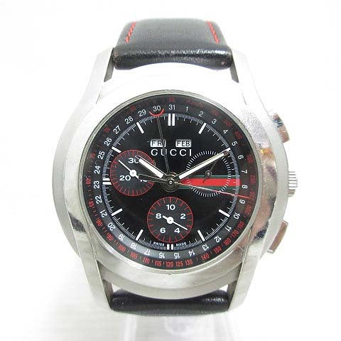 Gucci 5500 Chronograph Quartz Watch Black Dial Silver Stainless Steel Leather