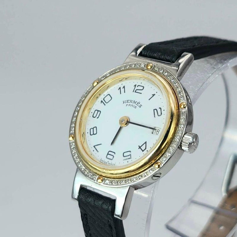 Hermes Clipper Ladies Watch White Dial Aftermarket Diamond Leather Band