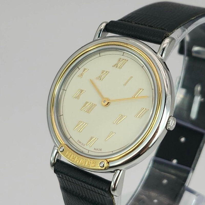 Hermes Meteor Wristwatch Boys Size Two-tone Roman Numeral Dial Quartz Leather