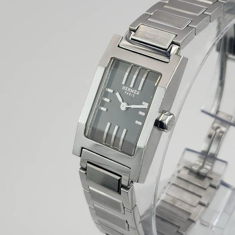 Hermes Tandem Womens Quartz Watch Gray Cut Glass Silver Square Case H Band H