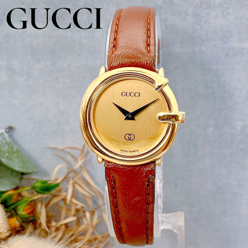 Gucci 3600 G Gold Leather Watch Battery Operated Brown Bezel Vintage Formal