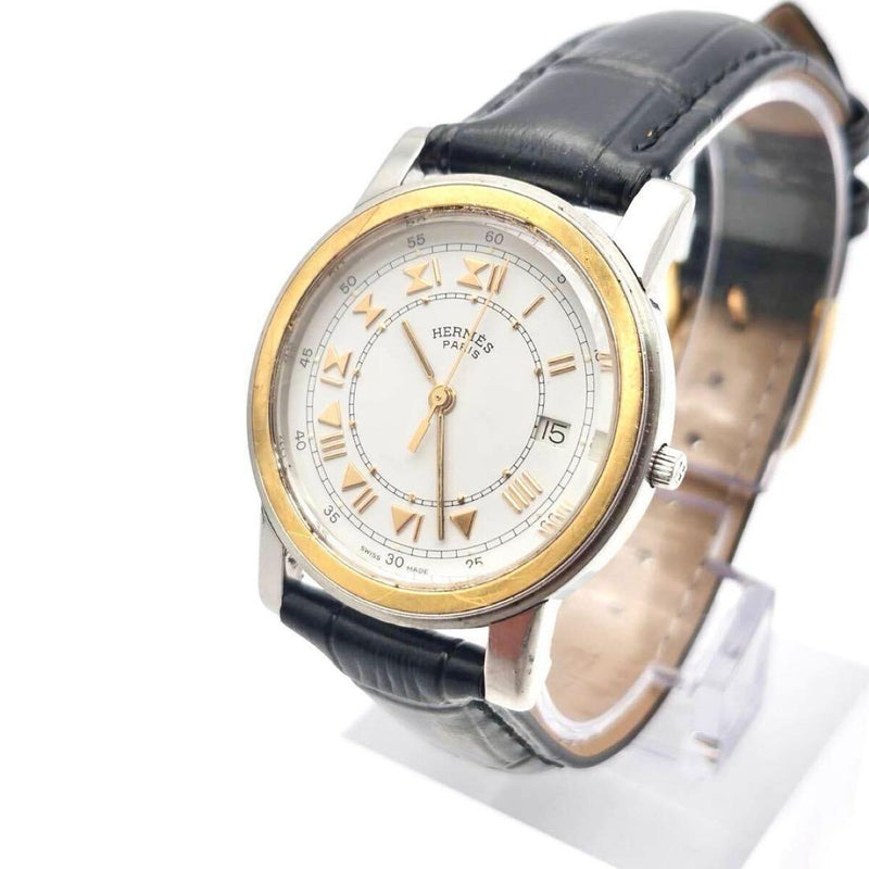 Hermes Carrick Watch Leather Strap White Dial Roman Numerals Gold/silver Tone
