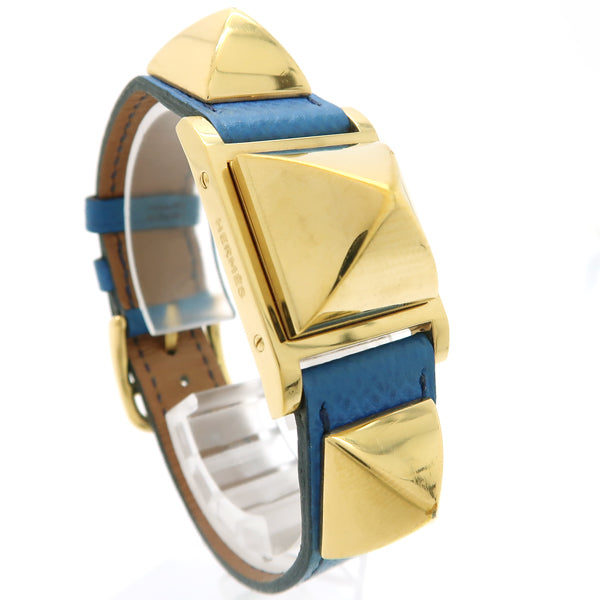 Hermes Medor 11.01 Womens Watch Gold-plated Blue Leather Strap Quartz Studded W
