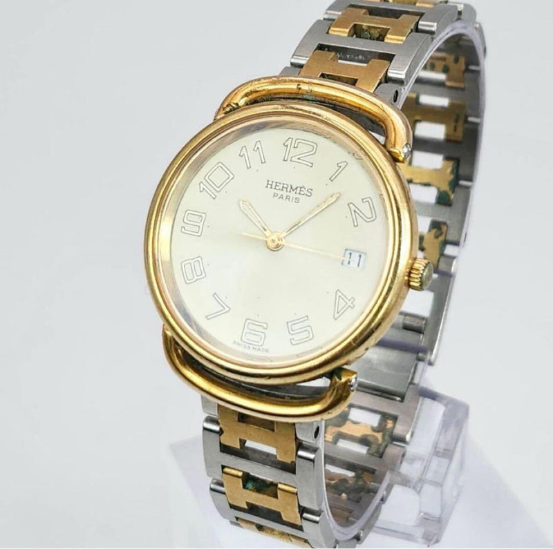 Hermes Pullman Watch Two-tone Gold Ivory Dial H-band Date Quartz Unisex/boys