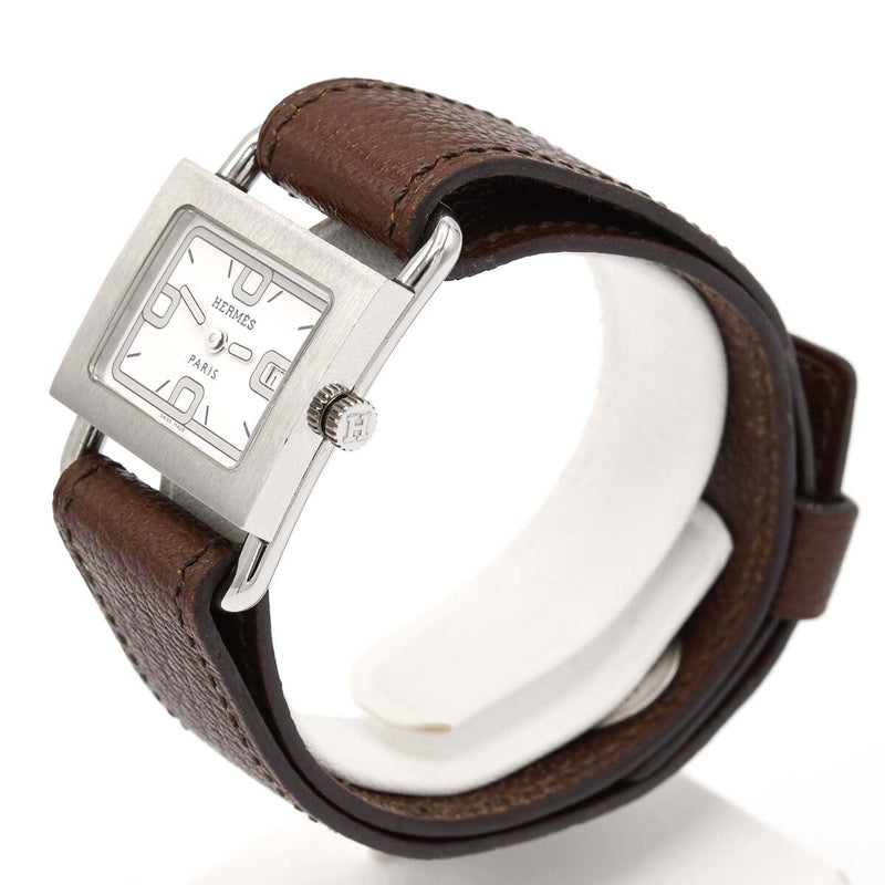 Hermes Barenia Square Quartz Watch Ba1.210 White Dial Brown Leather Strap With