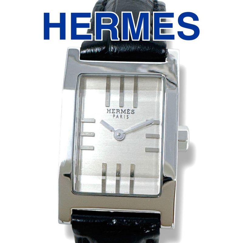 Hermes Tandem Ta1.210 Womens Watch Silver-gray Dial Black Leather Strap Quartz