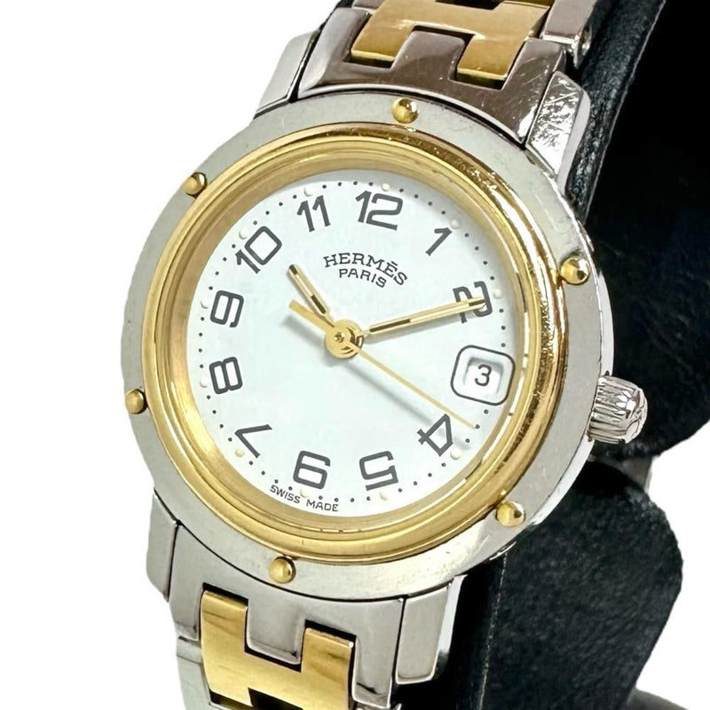 Hermes Clipper Cl4.220 Watch Stainless Steel Gold Plated Quartz White Dial