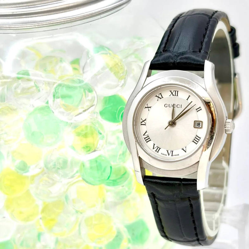 Gucci 5500l Womens Watch Silver Roman Numeral Dial Date Band Battery-operated