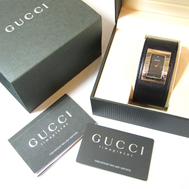 Gucci 7800 L Womens Black Leather Bangle Watch Quartz Timepiece