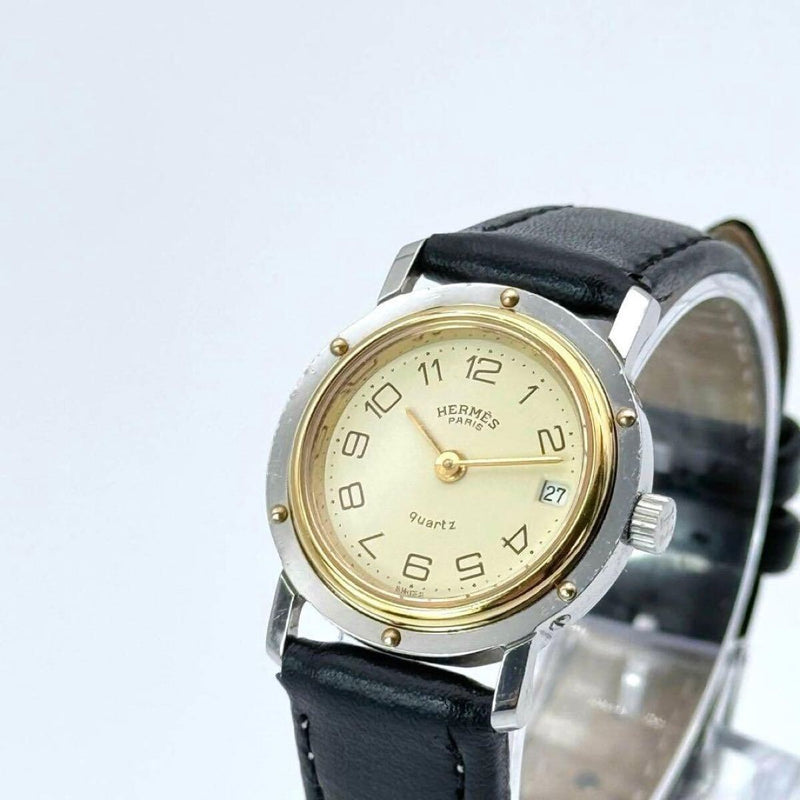 Hermes Clipper Womens Watch Quartz Ivory Dial Leather Strap Black Two-tone Date