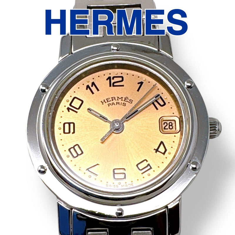 Hermes Clipper Cl4.210 Womens Watch Orange Dial Silver Quartz Date Round Luxury
