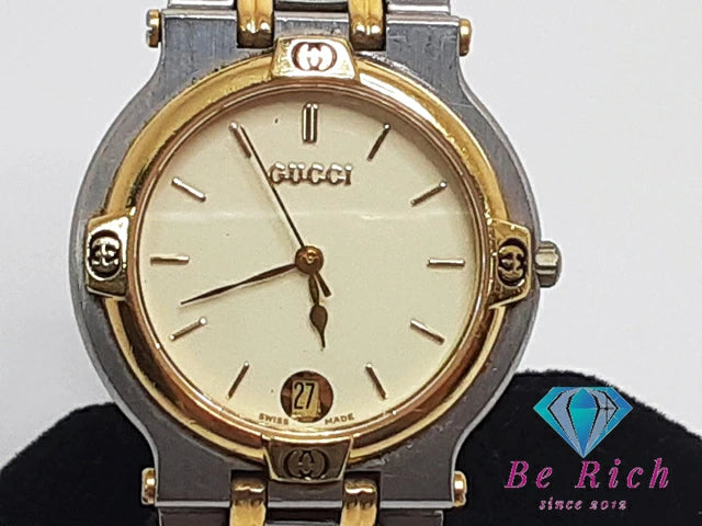 Gucci 9000m Mens Watch Date Black/ivory Dial Silver Gold Stainless Steel