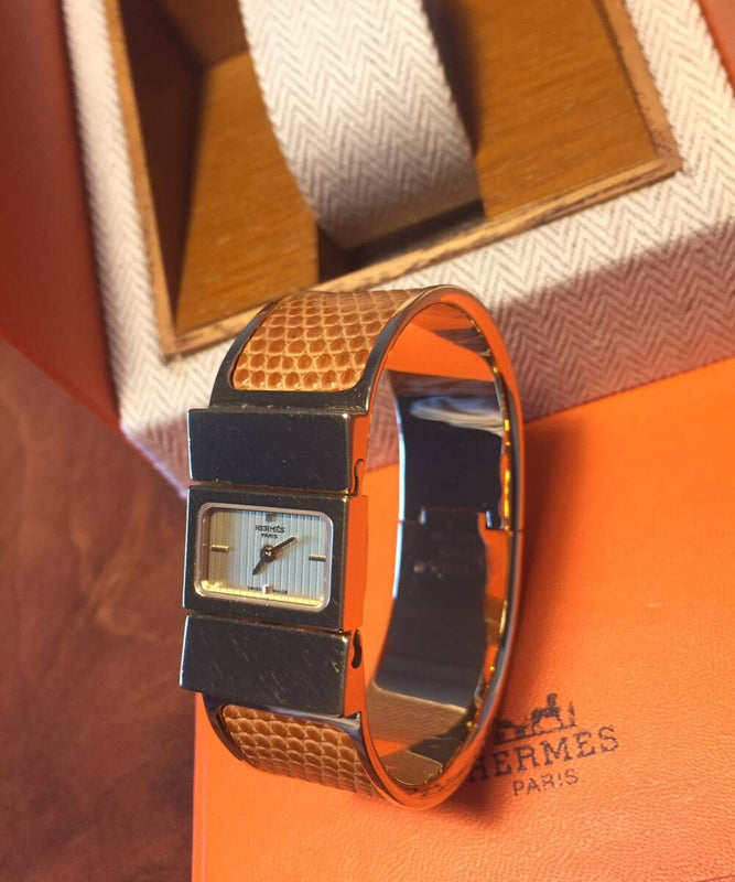 Hermes Rocabar L01.201 Bangle Watch Womens Quartz Gold X Brown Complete