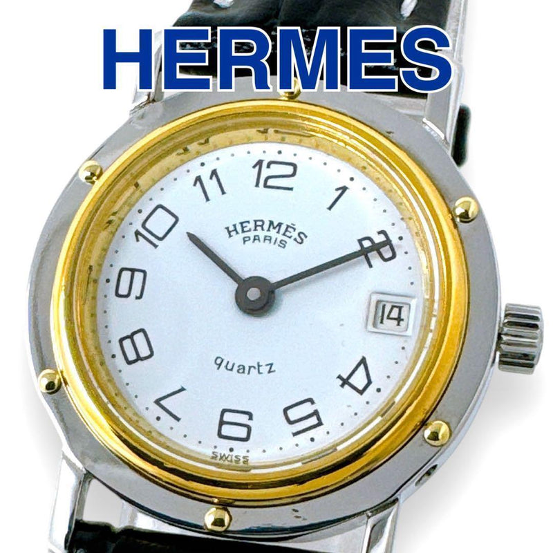 Hermes Clipper Womens Watch Quartz Stainless Steel Two-tone White Dial Leather