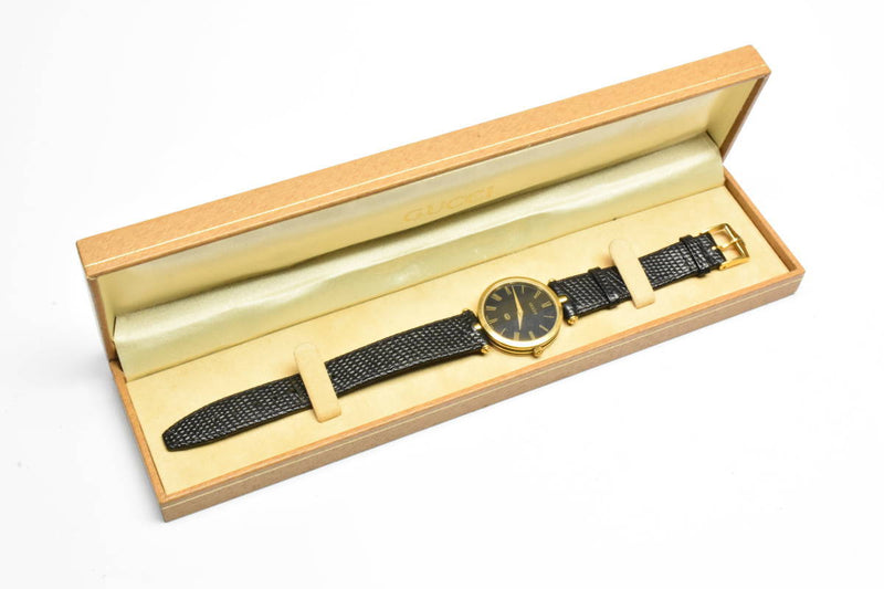 Gucci Watch Old Gucci Vintage Black Gold Quartz Wristwatch Womens Luxury