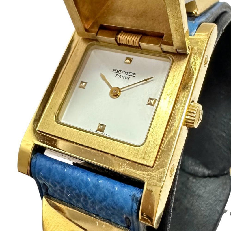 Hermes Medor Womens Watch Gold-plated Leather Band Quartz White Dial Blue Strap