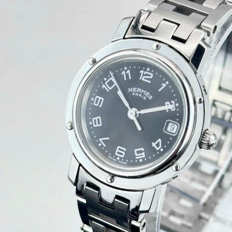 Hermes Clipper Womens Watch Black Dial H Belt Extra Link Quartz Silver H Band