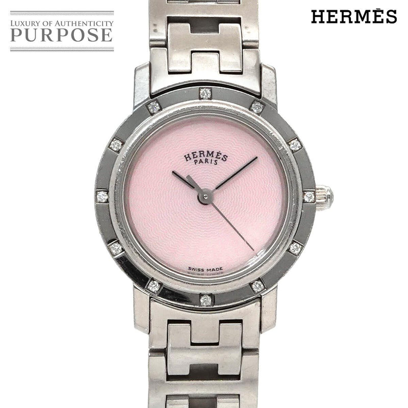 Hermes Clipper Nacré Cl4.230 Womens Watch Diamond Bezel Lugs Pink