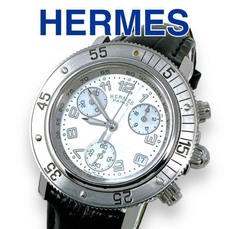 Hermes Clipper Diver Cl2.310 Chronograph Womens Watch Shell Dial Black Leather