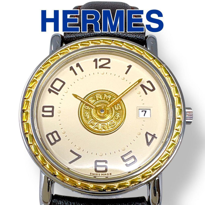 Hermes Serie Womens Quartz Watch Gold Dial Leather Strap Combination Wristwatch