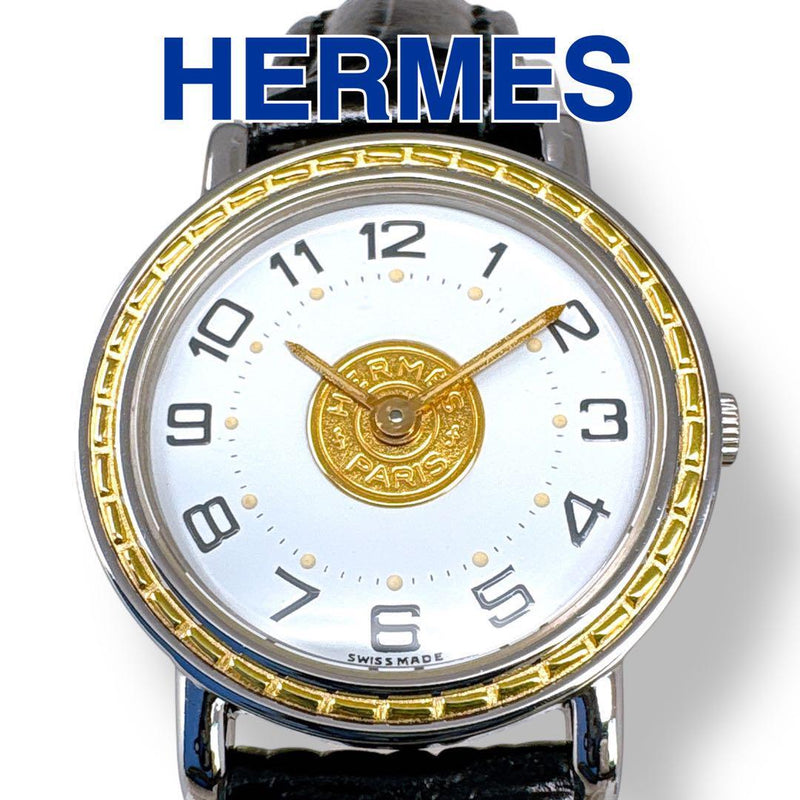 Hermes Serie Womens Watch White Dial Black Leather Strap Gold Accents