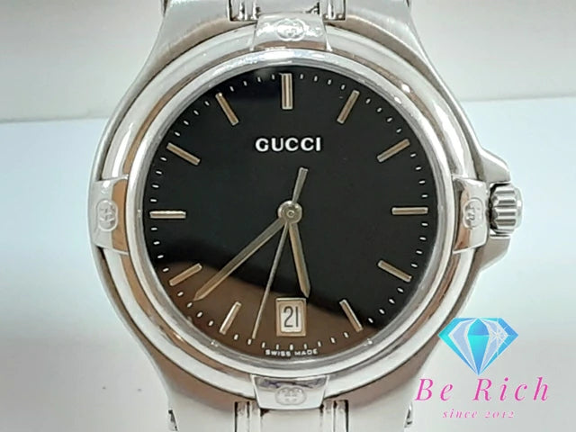 Gucci 9040m Mens Watch. Date Round Black Dial Silver Stainless Steel Quartz