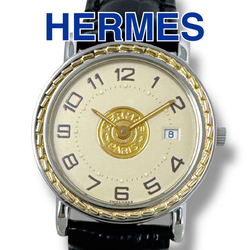 Hermes Serie Watch Gold Dial Gold Black Leather Strap Quartz Stainless Steel