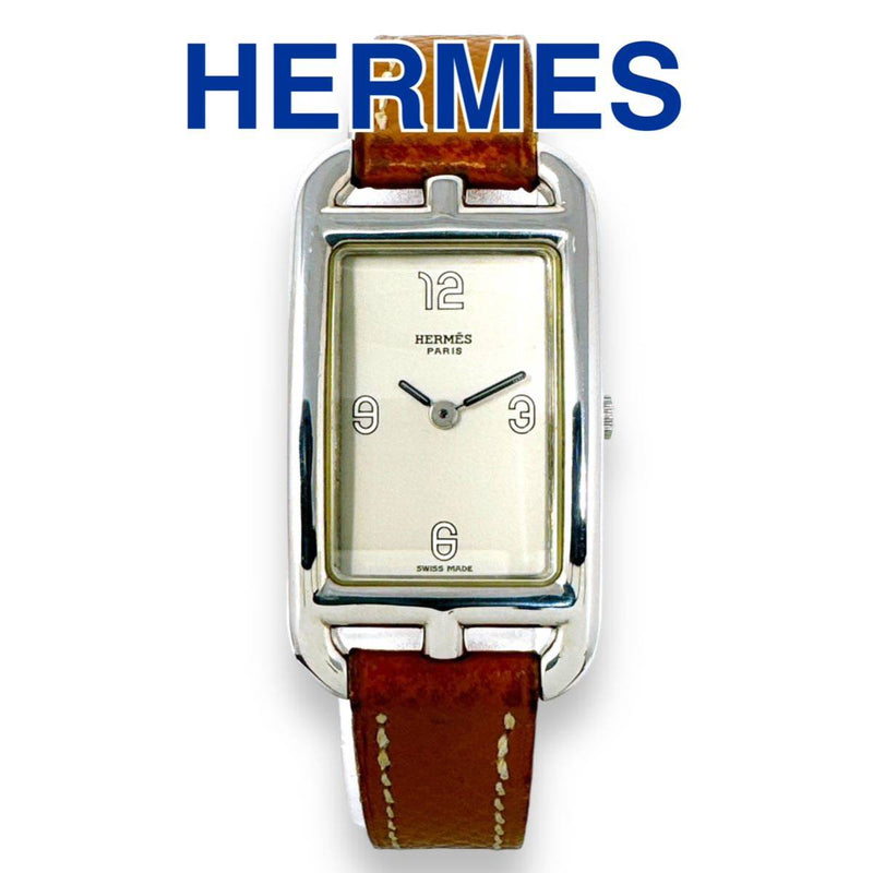 Hermes Nantucket Womens Watch Beige Dial Brown Leather Strap Quartz Silver Case