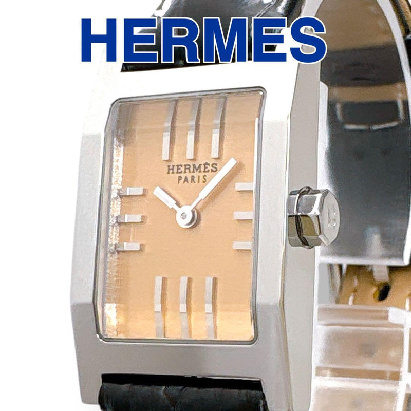 Hermes Tandem Ta1.210 Womens Watch Orange Dial Black Leather Strap Quartz