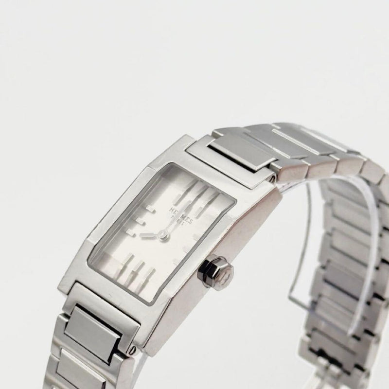 Hermes Tandem Womens Watch Quartz Silver Finish White Dial Cut Glass Crystal